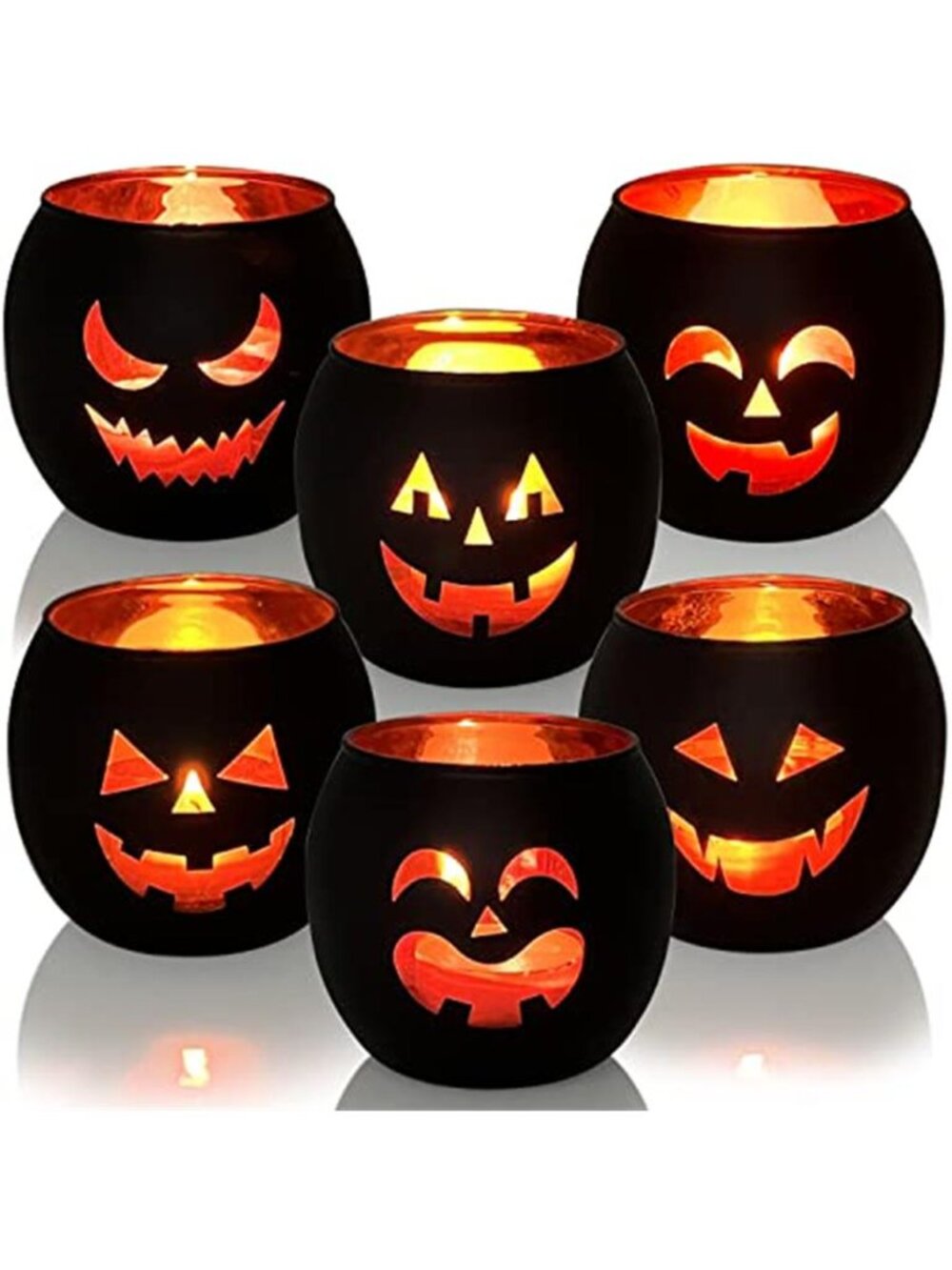 Set of 6 Jack O Lanterns Black Glass Votive Tealight Halloween Table Decor
